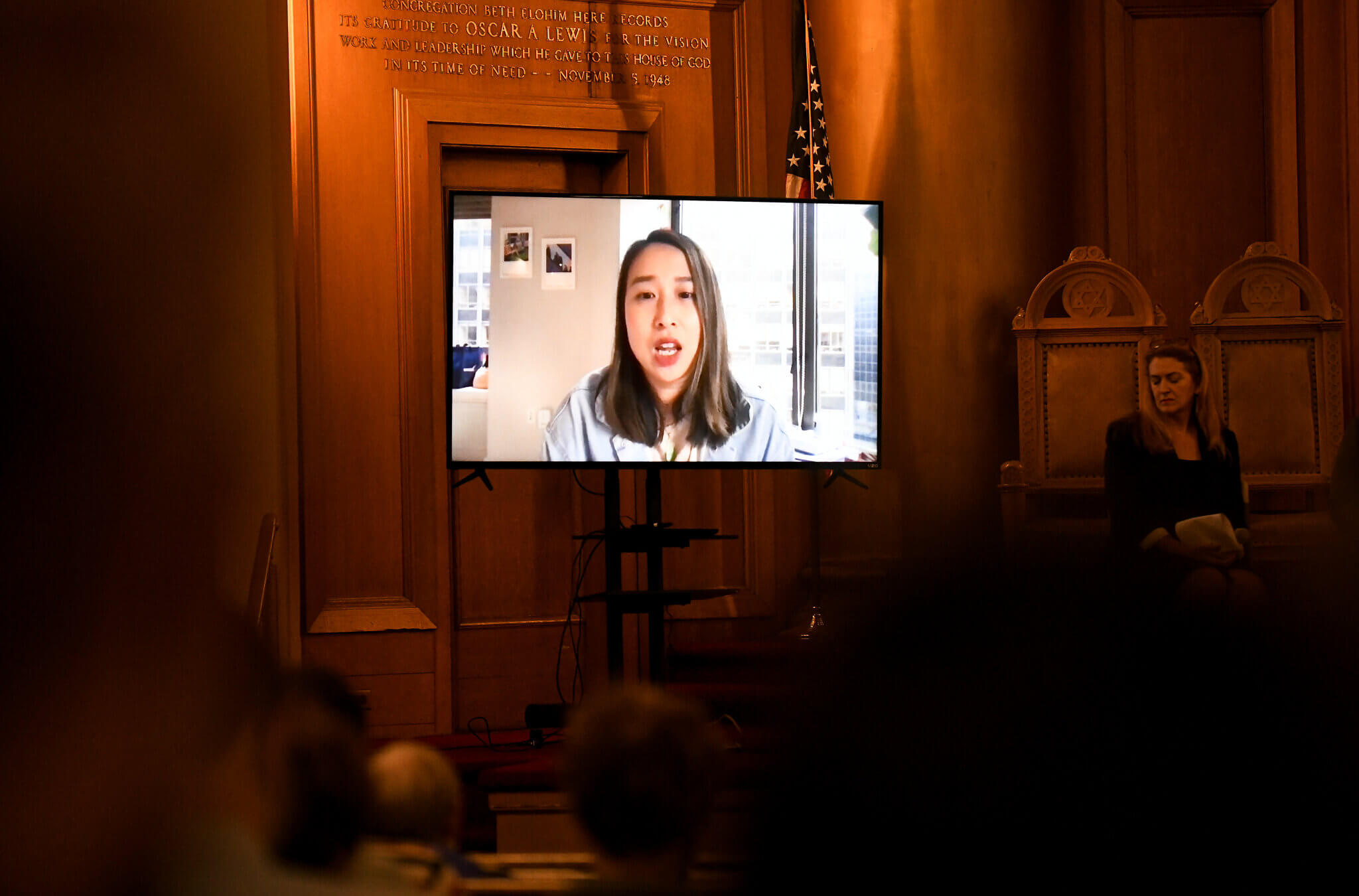 Assemblymember Yuh-Line Niou speaks at a candidate forum for New York's 10th Congressional District co-hosted by the Forward at Congregation Beth Elohim (CBE) in Brooklyn on July 26, 2022.