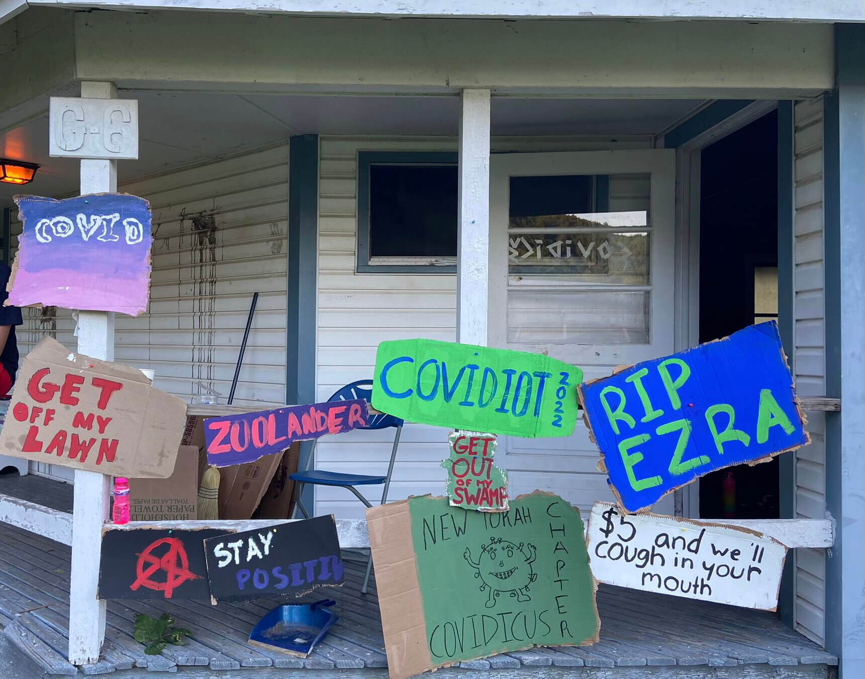 The girls' bunk at Camp Tel Yehudah embraced their COVID-19 isolation by making signs warding off visitors.