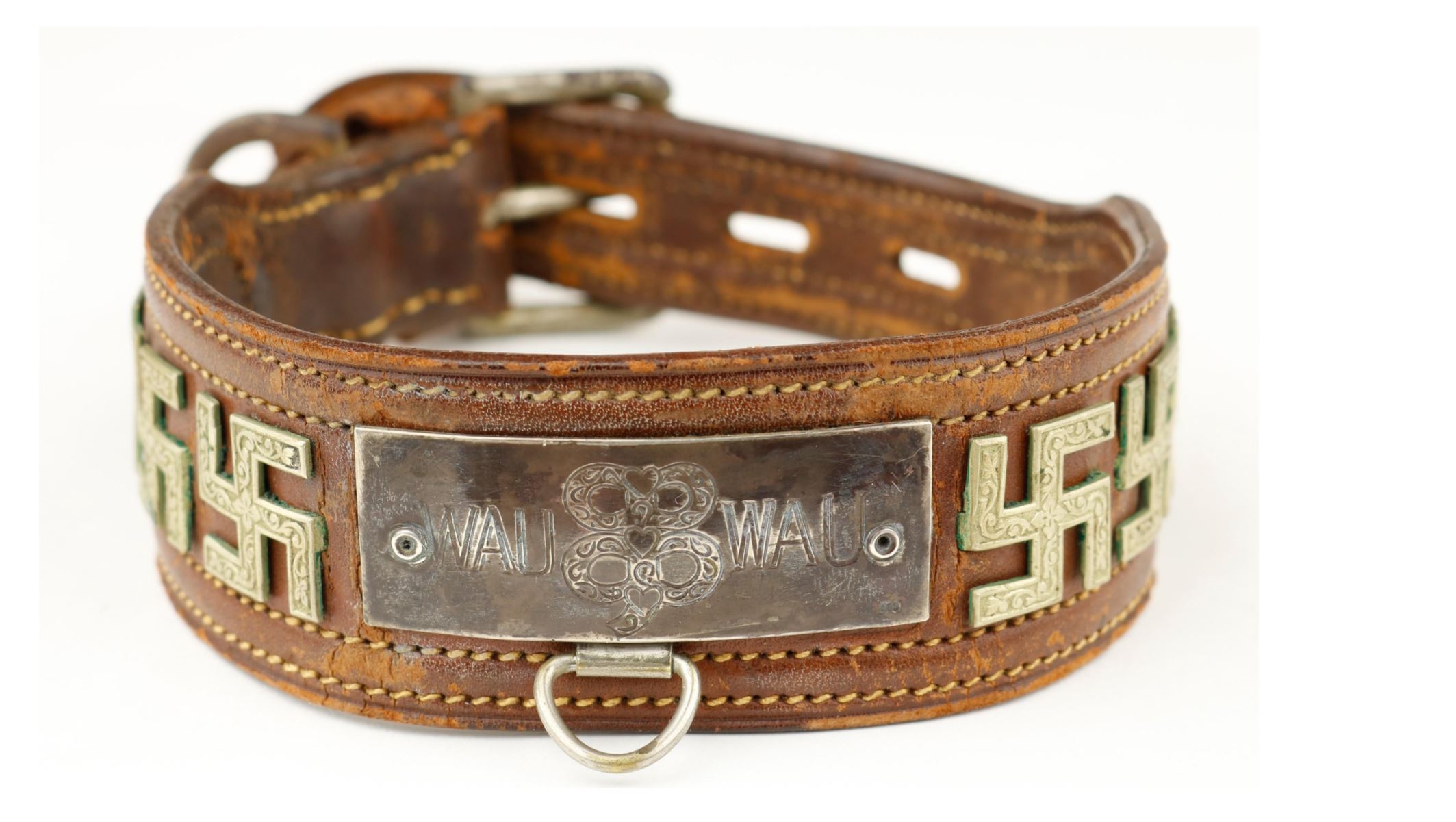A dog collar said to have belonged to the Scottish terrier of Eva Braun, Adolf Hitler’s wife, on display on the website of Alexander Historical Auctions, July 28, 2022. ( Alexander Historical Auctions)