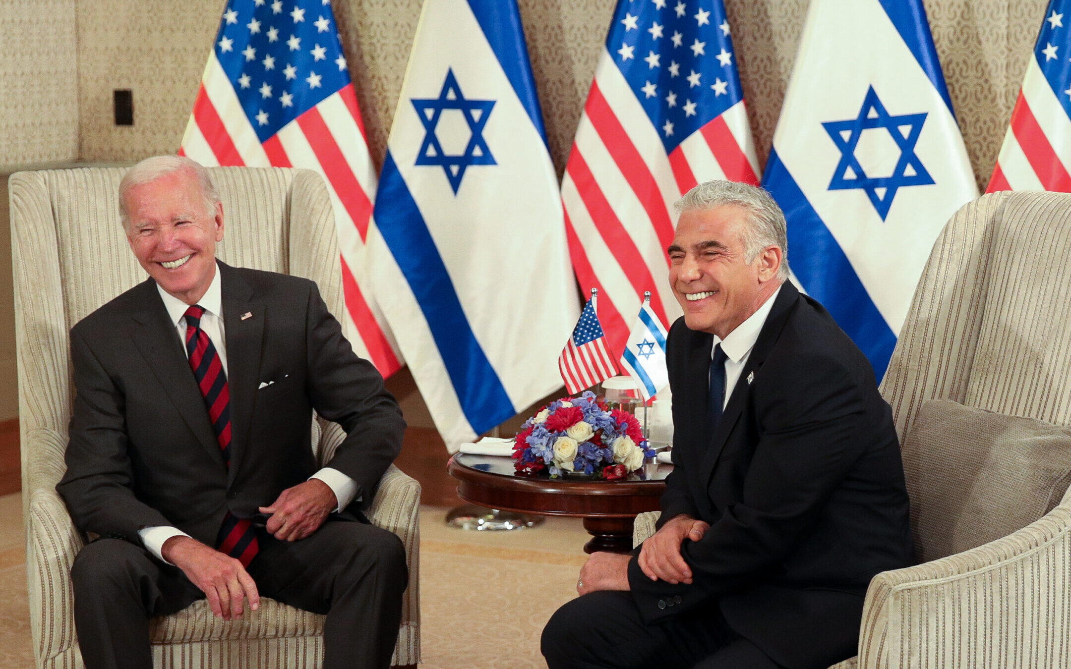 U.S. president Joe Biden meets with Israeli prime minister Yair Lapid in Jerusalem, July 14, 2022. (Emil Saltman/Pool)