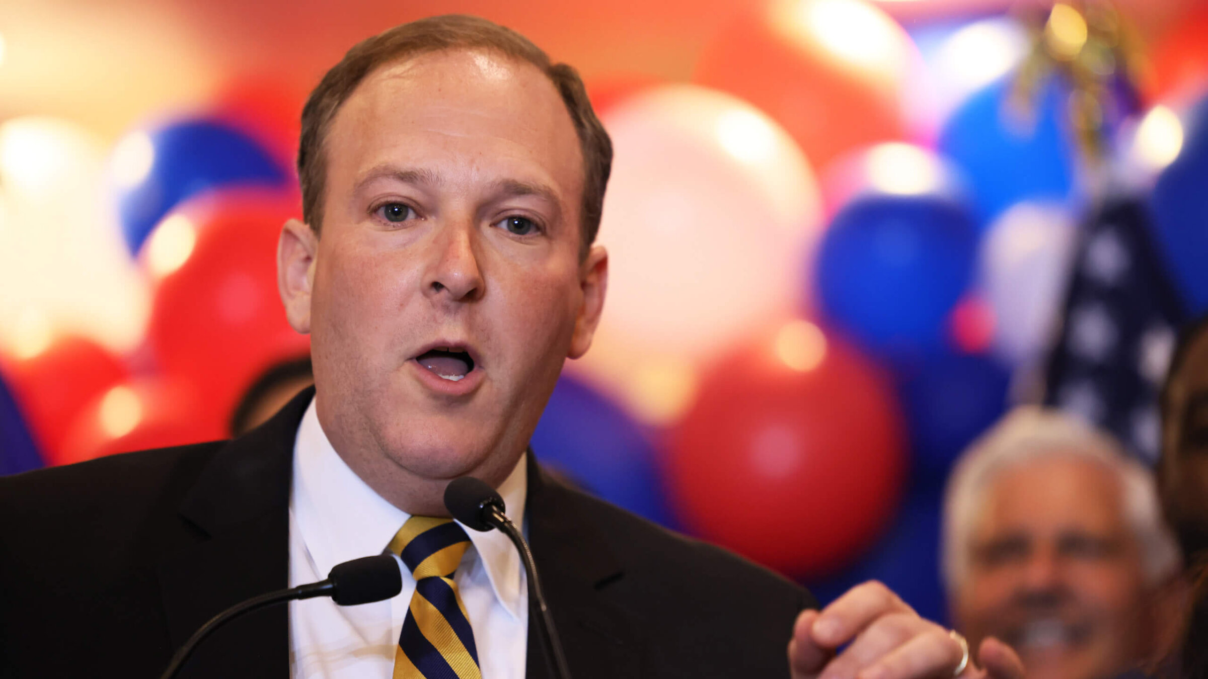 New York’s Republican candidate for governor, Lee Zeldin, speaks on June 28, 2022 in Baldwin, New York. 