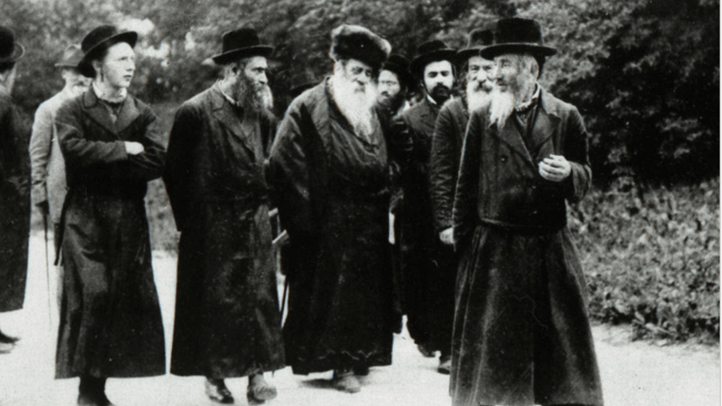 The Belzer Rebbe, out for a walk with his Hasidim, at Marienbad, where he had come for a cure, March 2, 1924.

