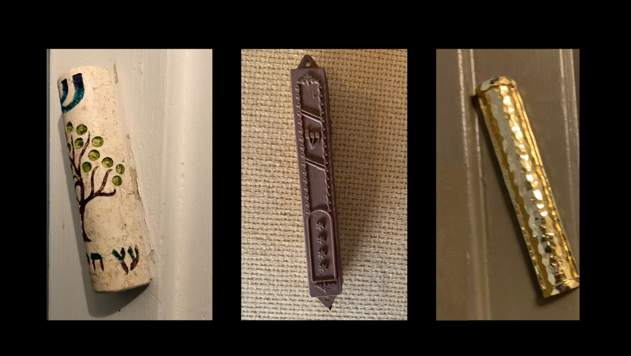 From left to right: the mezuzah the author bought for her Short Hills, N.J., home; the one she found on her Manhattan apartment doorpost when she moved in; the one now on her apartment door. 