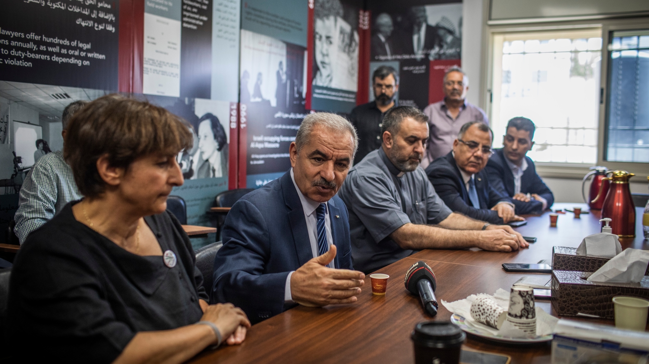 Palestinian Prime Minister Mohammad Shtayyeh gives a press statement at al-Haq Human Rights Organization, which was raided and shut down by Israeli military forces in Ramallah, West Bank, Aug. 18 2022. (Ilia Yefimovich/picture alliance via Getty Images)