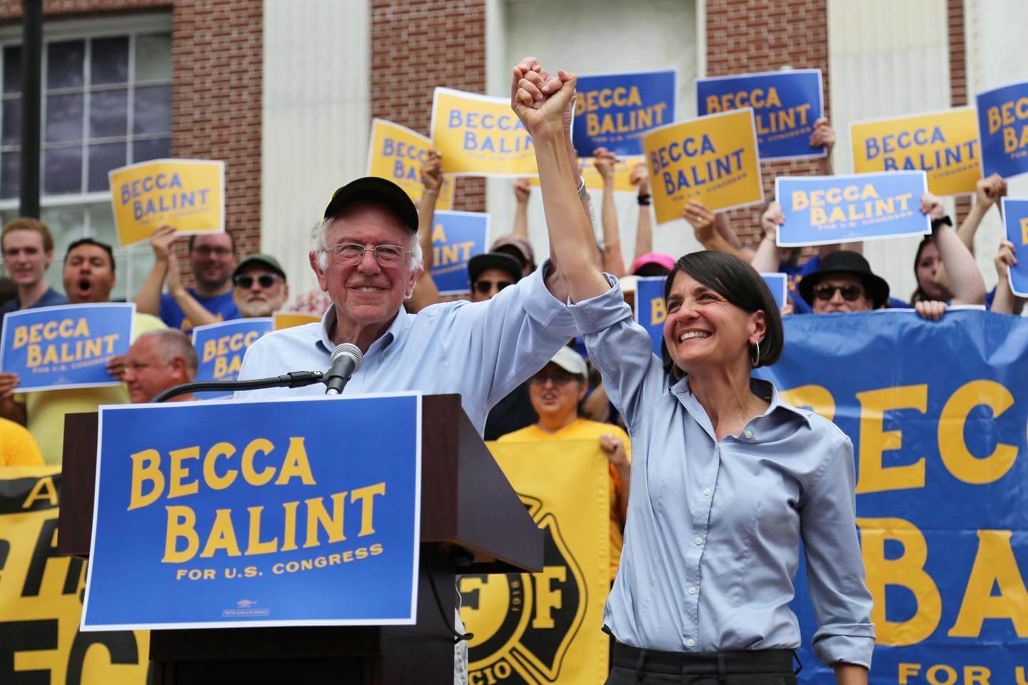 Becca Balint (right), president pro tempore of the Vermont Senate and candidate for U.S. House seat, with Sen. Bernie Sanders at a campaign rally on Aug. 1, 2022.