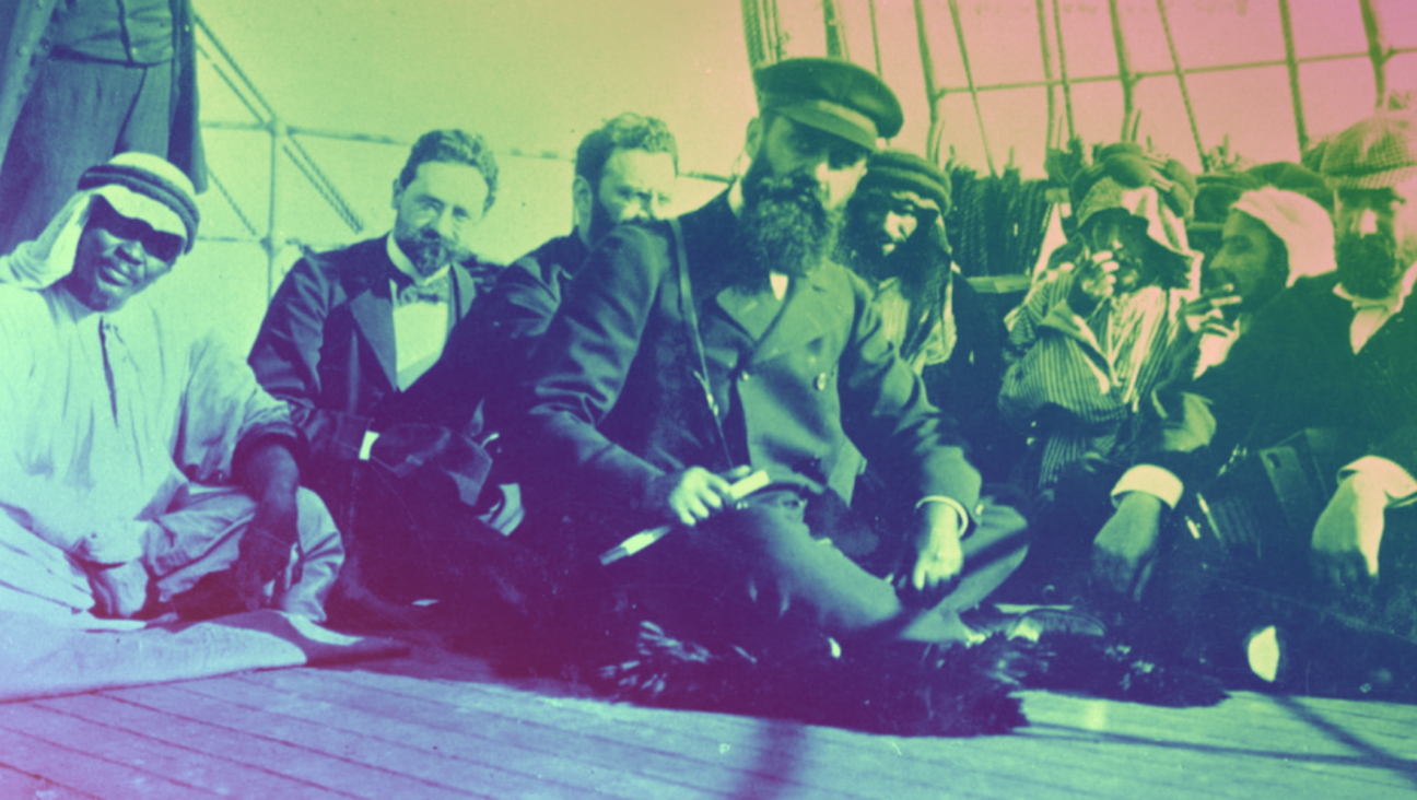 Theodor Herzl, center, shown on a boat in 1898. (Universal History Archive/Universal Images Group via Getty Images)