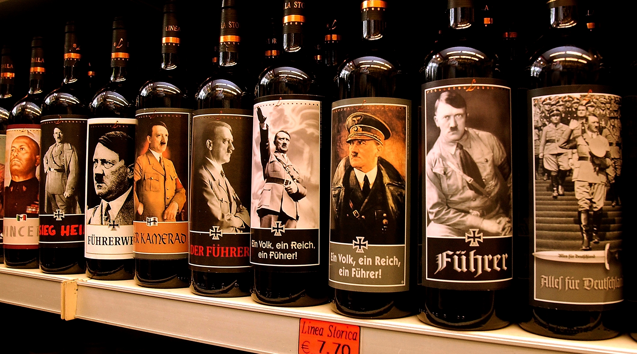 Bottles of Lunardelli Wine with labels depicting Nazi leader Adolf Hitler are displayed on a shelf in a wine shop near Venice, Sept. 12, 2003. (Giuseppe Cacace/Getty Images)