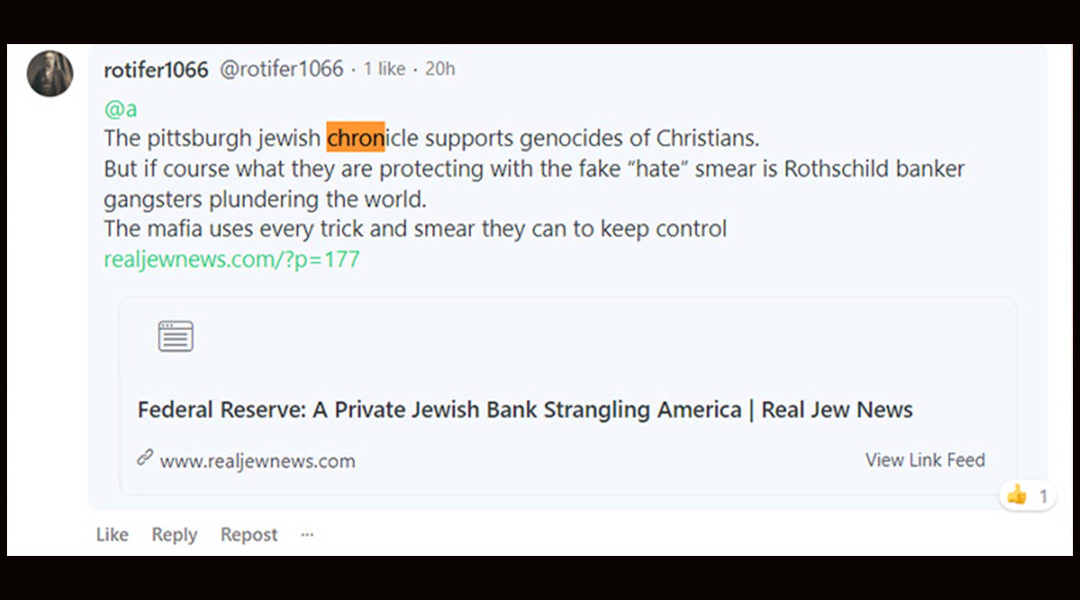 A screenshot shows a reply left on Gab founder Andrew Torba’s page after he posted a link to a Pittsburgh Jewish Chronicle story. (Screenshot by David Rullo)