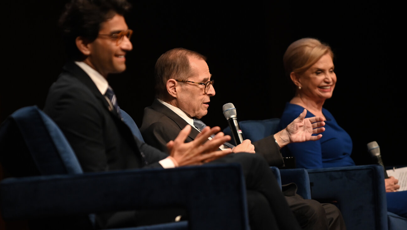 From right to left, Reps. Carolyn Maloney and Jerry Nadler, and Suraj Patel at a candidate forum for New York's  12th District co-hosted by the Forward on Aug. 10, 2022.