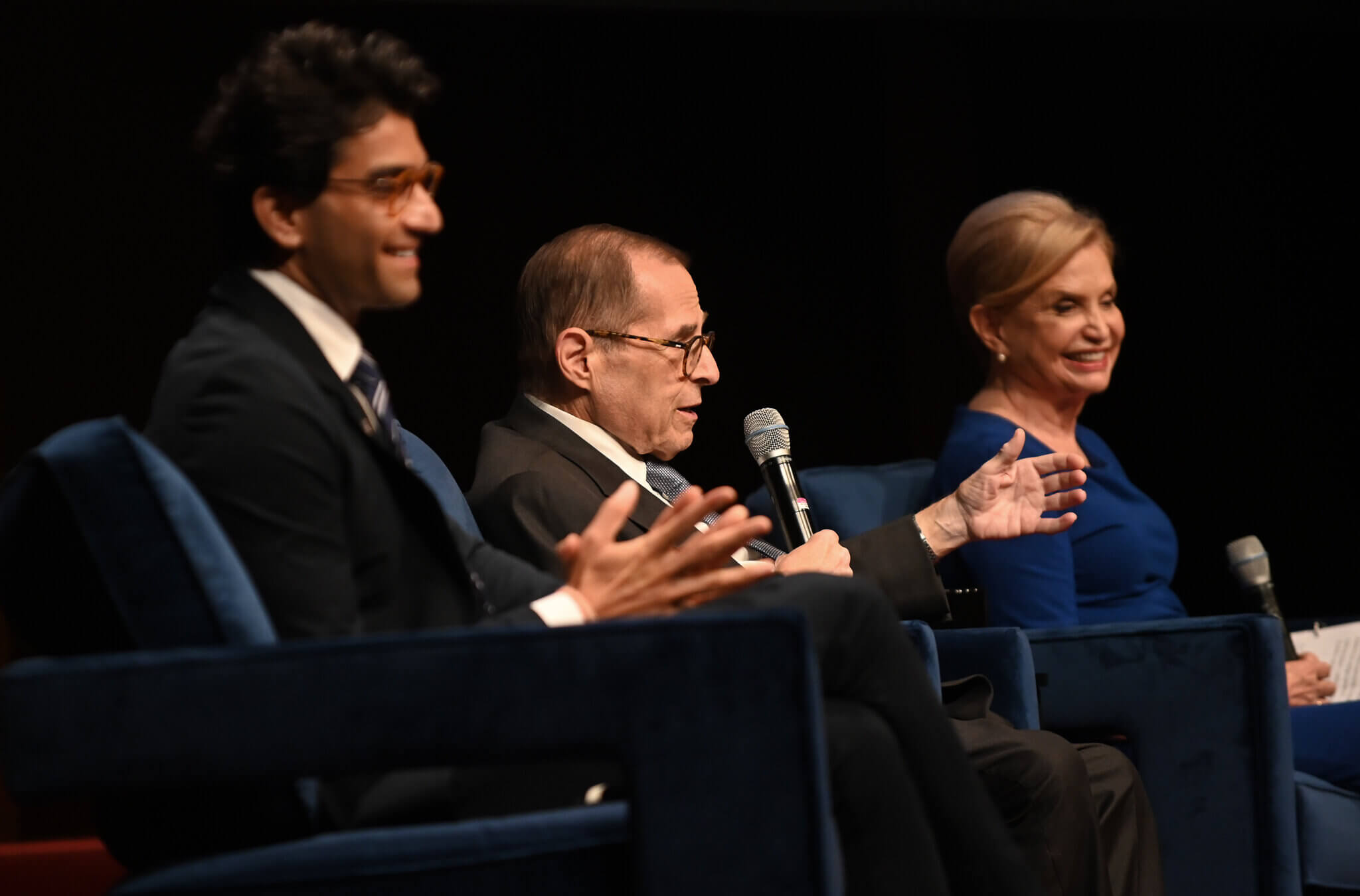 From right to left, Reps. Carolyn Maloney and Jerry Nadler, and Suraj Patel at a candidate forum for New York's  12th District co-hosted by the Forward on Aug. 10, 2022.