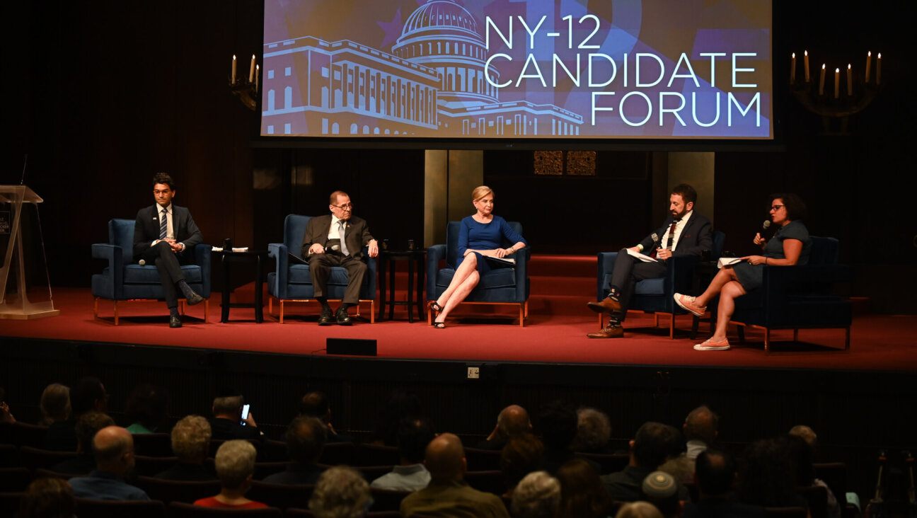 From left to right, NY-12 Democratic primary candidates Suraj Patel, Rep. Jerry Nadler, and Rep. Carolyn Maloney at a debate moderated by Matt Nosanchuk and Jodi Rudoren.