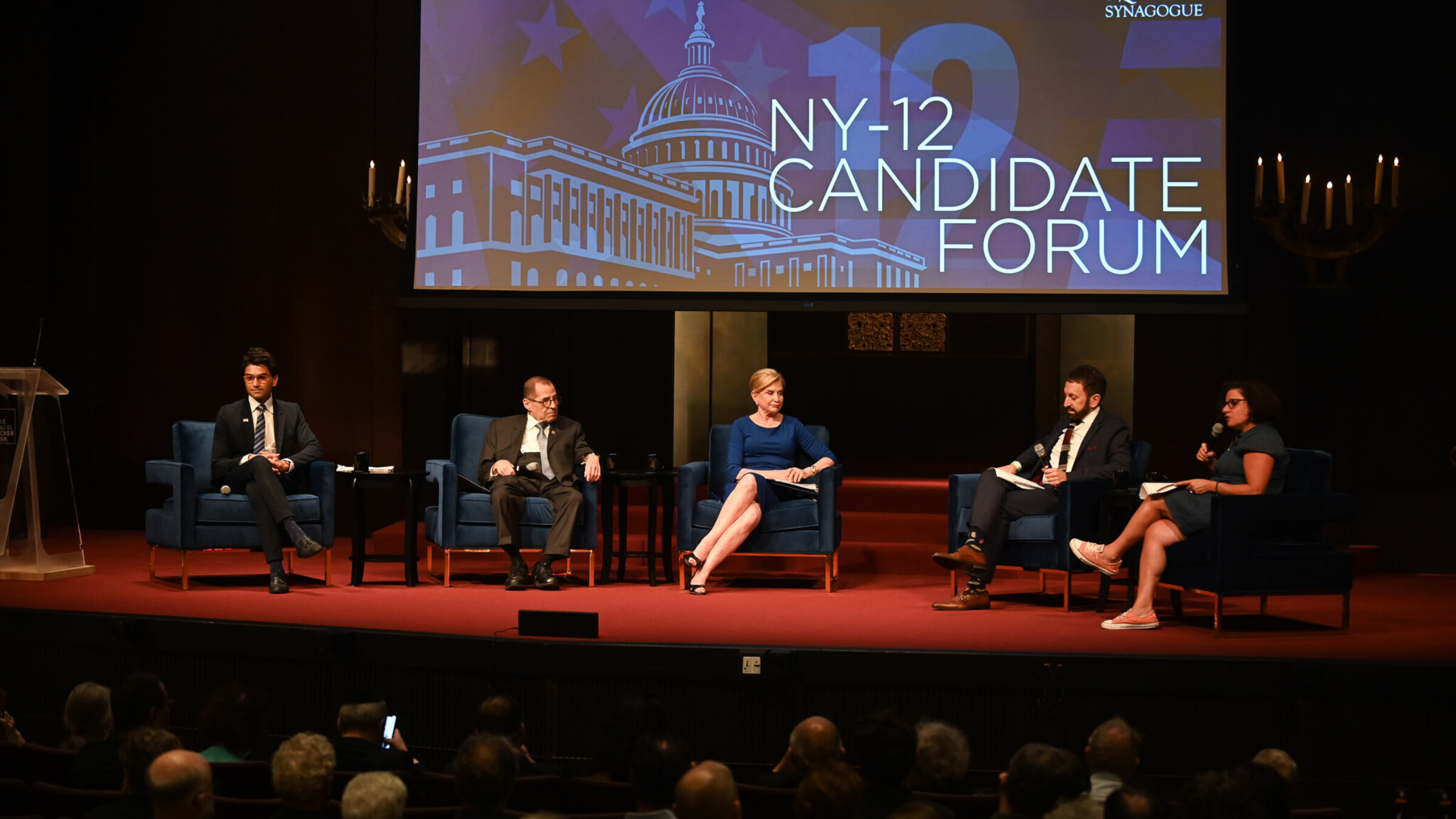 From left to right, NY-12 Democratic primary candidates Suraj Patel, Rep. Jerry Nadler, and Rep. Carolyn Maloney at a debate moderated by Matt Nosanchuk and Jodi Rudoren.