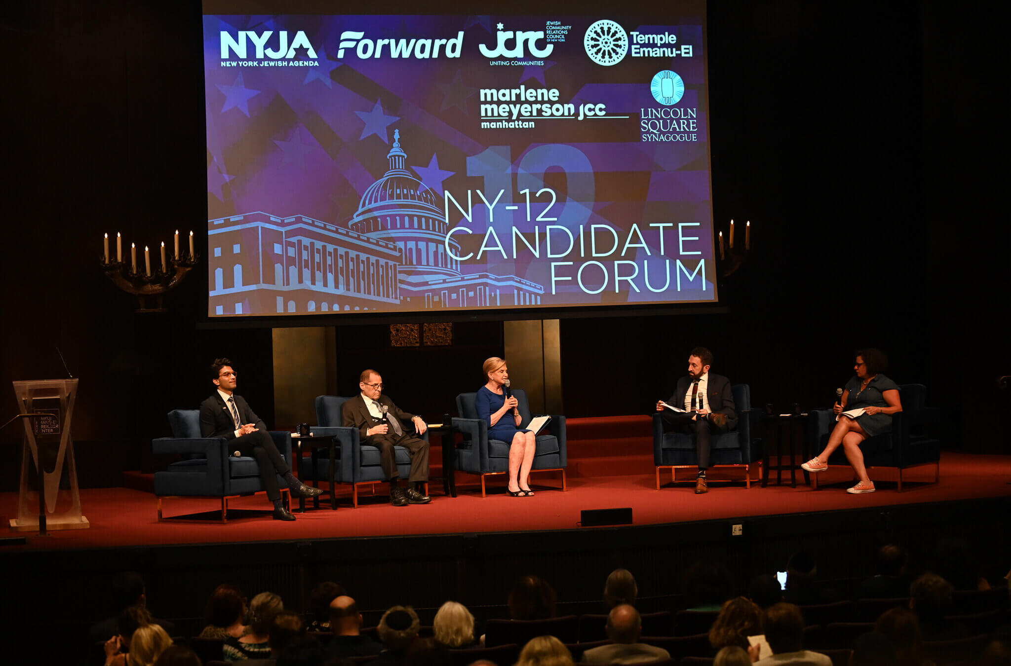 From left to right, NY-12 Democratic primary candidates Suraj Patel, Rep. Jerry Nadler, and Rep. Carolyn Maloney at a debate moderated by Matt Nosanchuk and Jodi Rudoren.