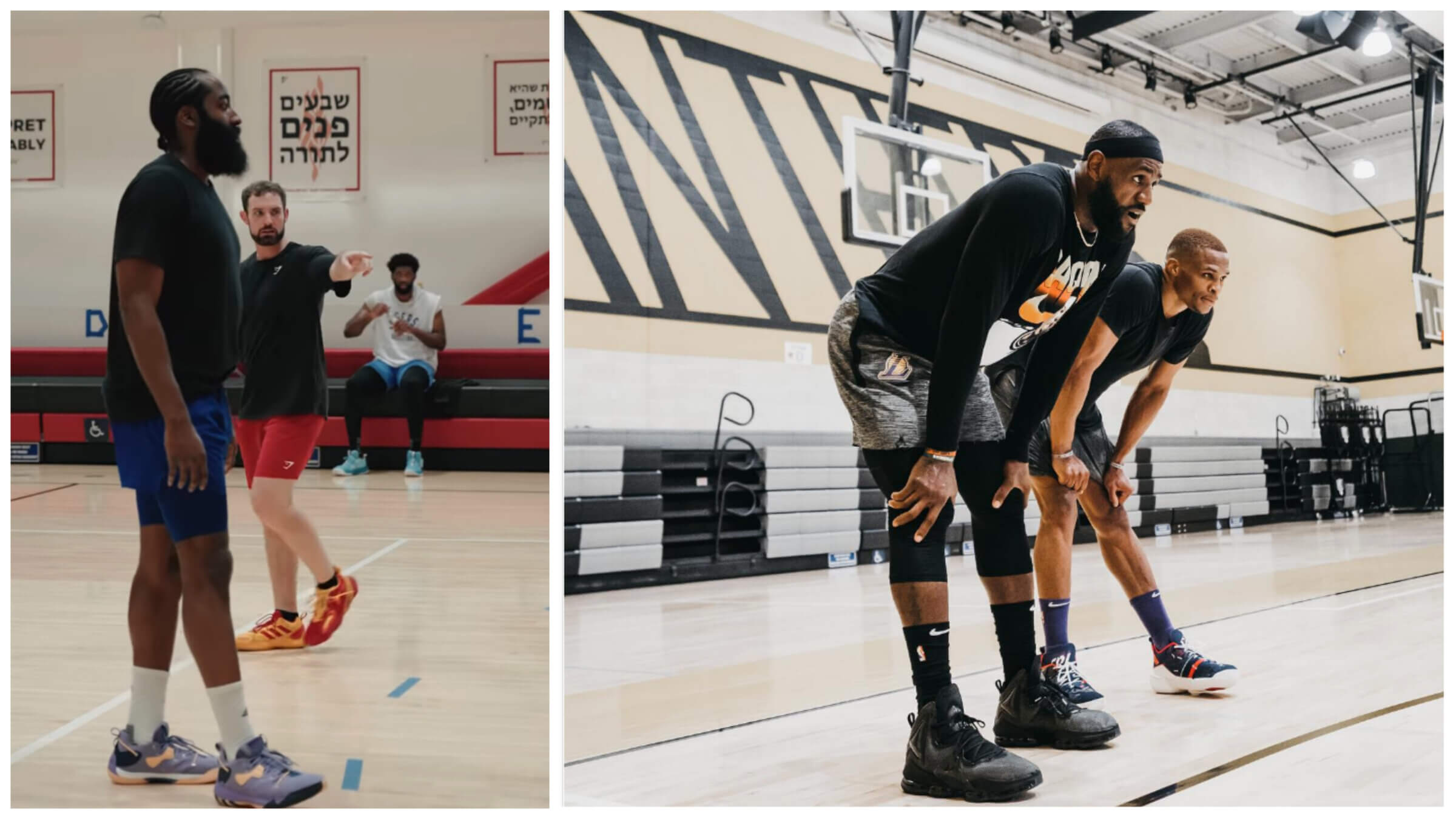 Left: James Harden awaits instruction from Drew Hanlen as Joel Embiid (background) takes a water break at Shalhevet. Right: LeBron James and Russell Westbrook in the YULA gym in summer 2021. (Both photos via Instagram.)