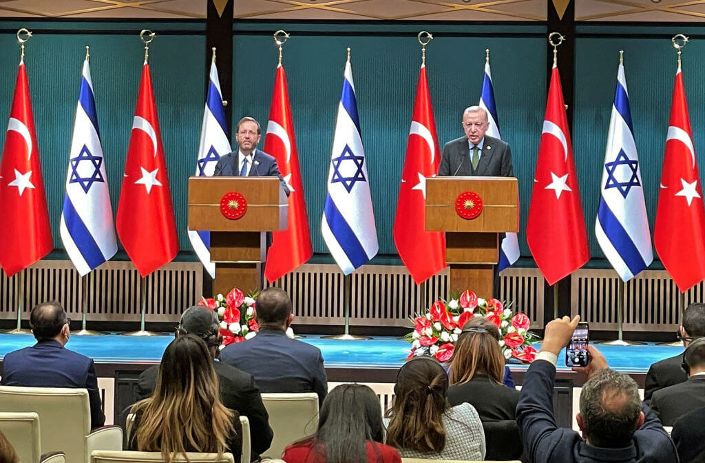 Israeli President Isaac Herzog (L) and his Turkish counterpart Recep Tayyip Erdogan give a joint press conference in the capital Ankara, on March 9, 2022.