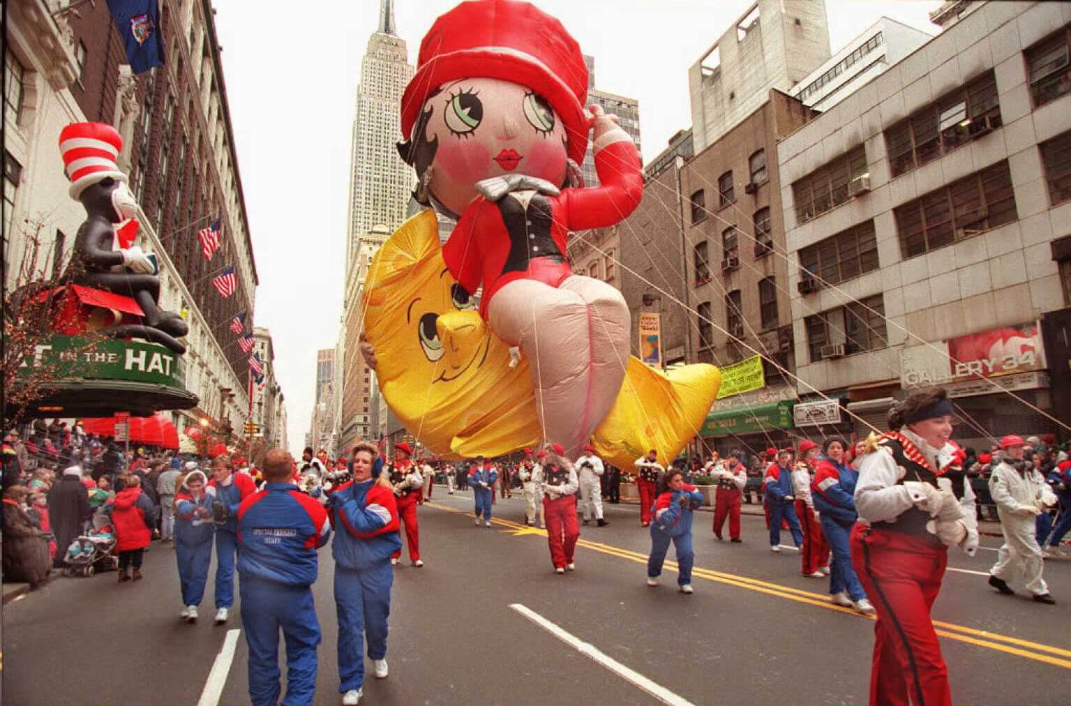Betty Boop balloon flies past Macy's during the 1995 Thanksgiving Day parade.