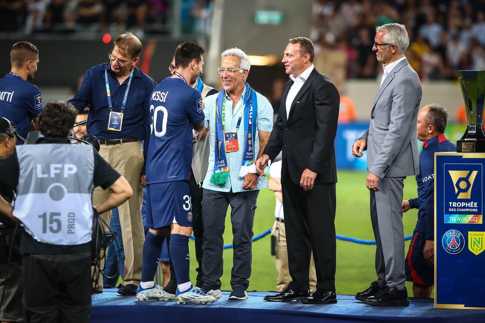 Sylvan Adams, middle, with Lionel Messi after the French Super Cup game in Tel Aviv on July 31, 2022.