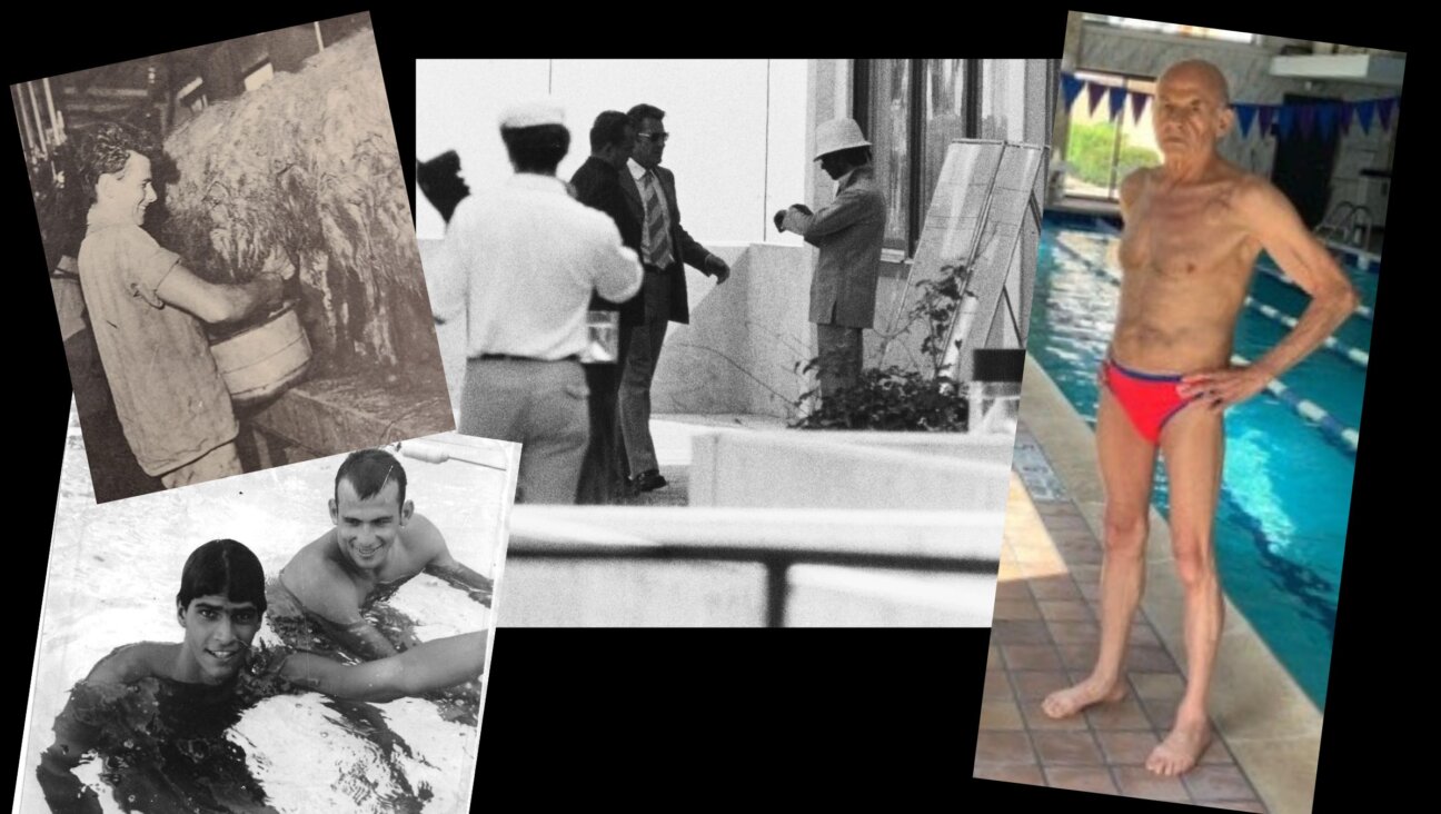 Top left: Avraham Melamed on a kibbutz; bottom left, Melamed with Mark Spitz; center, officials attempt to negotiate with terrorists at the 1972 Munich Games; right, Melamed today at a Westchester pool.
