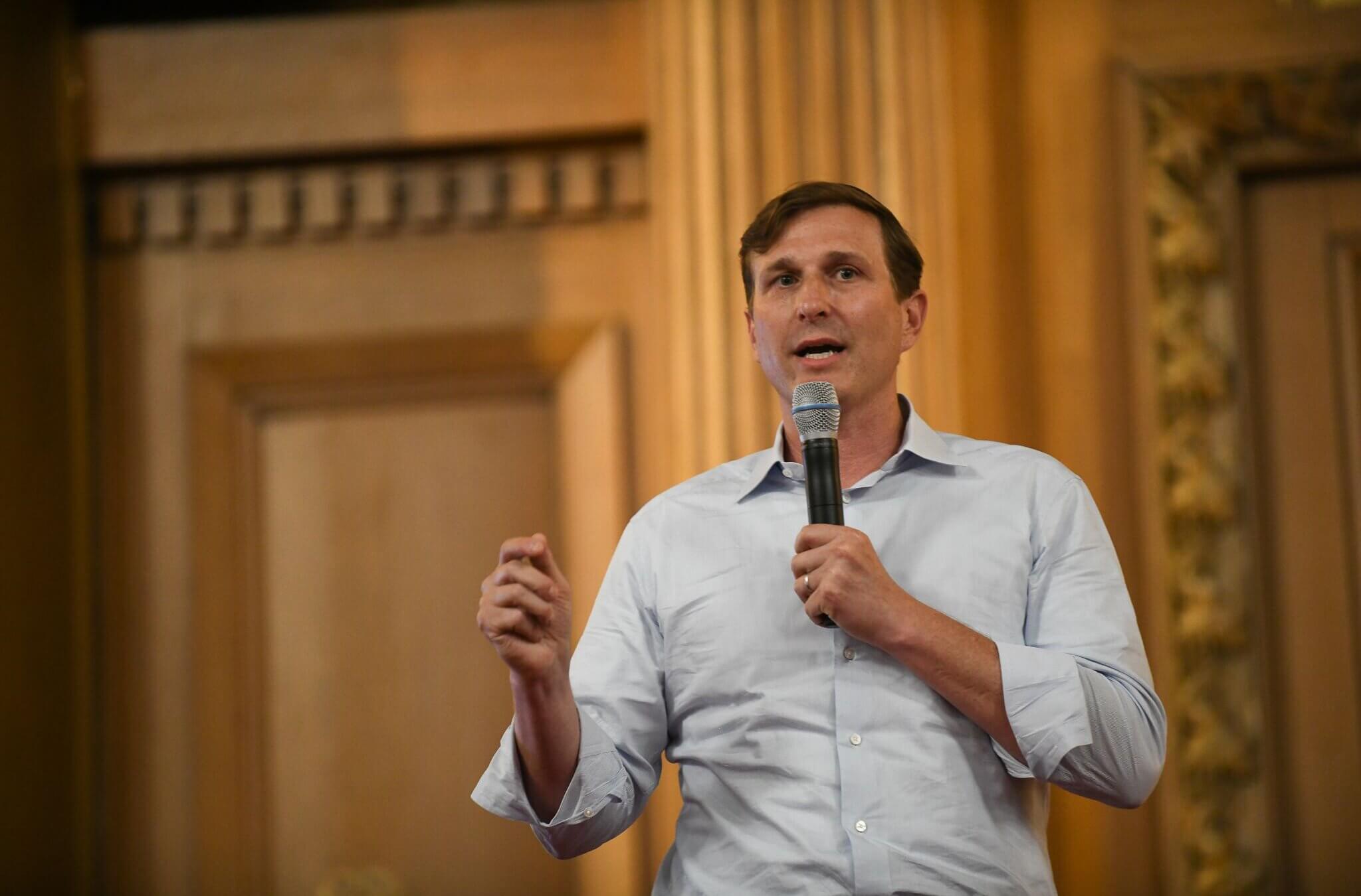 Dan Goldman, a congressional candidate for NY's 10th Dsitrict, at a candidate forum co-hosted by the Forward on July 26, 2022. 