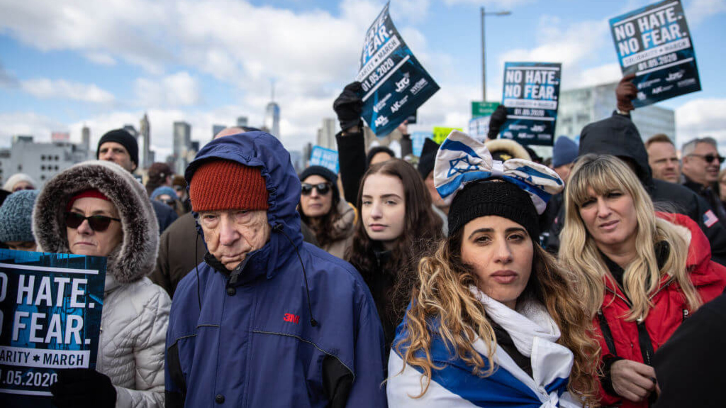 People participate in a Jewish solidarity march across the Brooklyn Bridge on January 5, 2020 in New York City. 