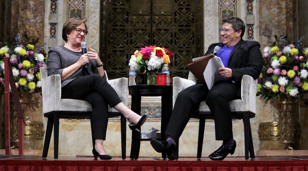 Supreme Court Justice Elena Kagan, left, and Judge Alison J. Nathan of the United States Court of Appeals for the Second Circuit on stage at the Temple Emanu-El Streicker Center in Manhattan, Sept. 12, 2022. 