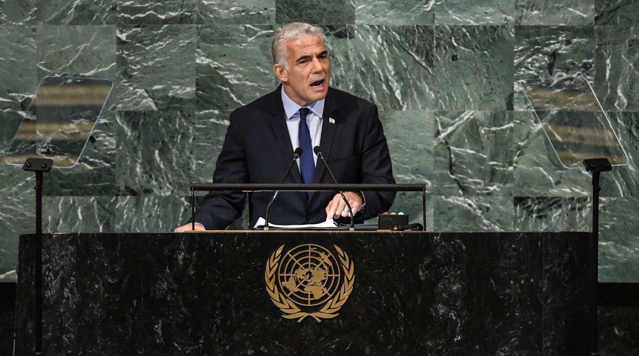 Israeli Prime Minister Yair Lapid gives a speech during the 77th session of the United Nations General Assembly at U.N. headquarters, Sept. 22, 2022. (Anna Moneymaker/Getty Images)