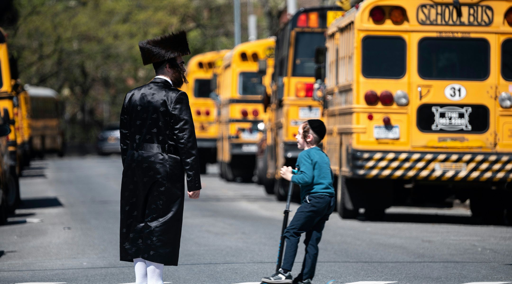 School buses lined up in the Williamsburg neighborhood of Brooklyn, April 24, 2019. 
