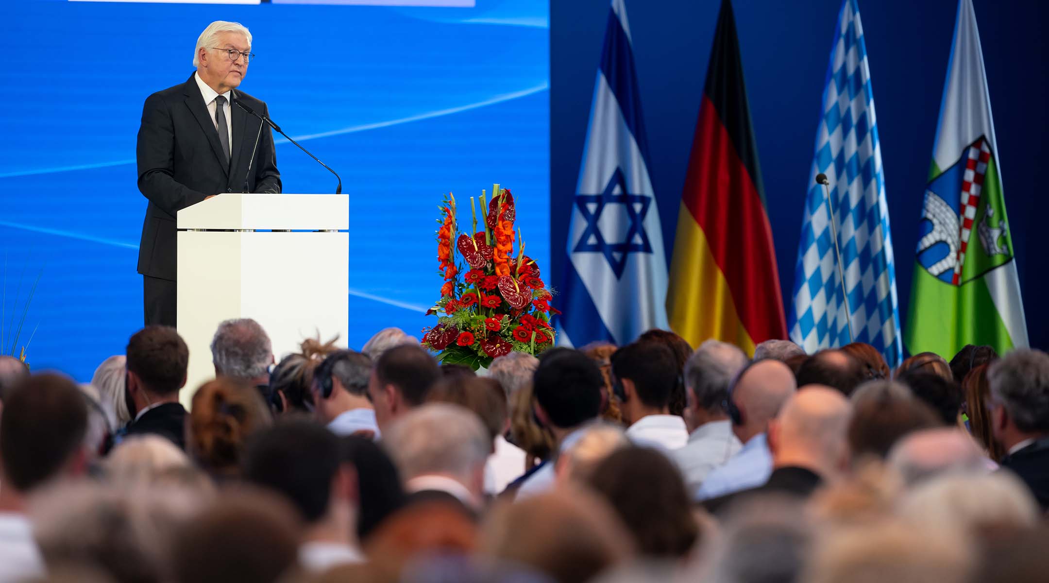 German President Frank-Walter Steinmeier speaks at a commemoration ceremony to mark the 50th anniversary of the attack on Israeli athletes at the 1972 Munich Olympics. (Sven Hoppe/picture alliance via Getty Images)