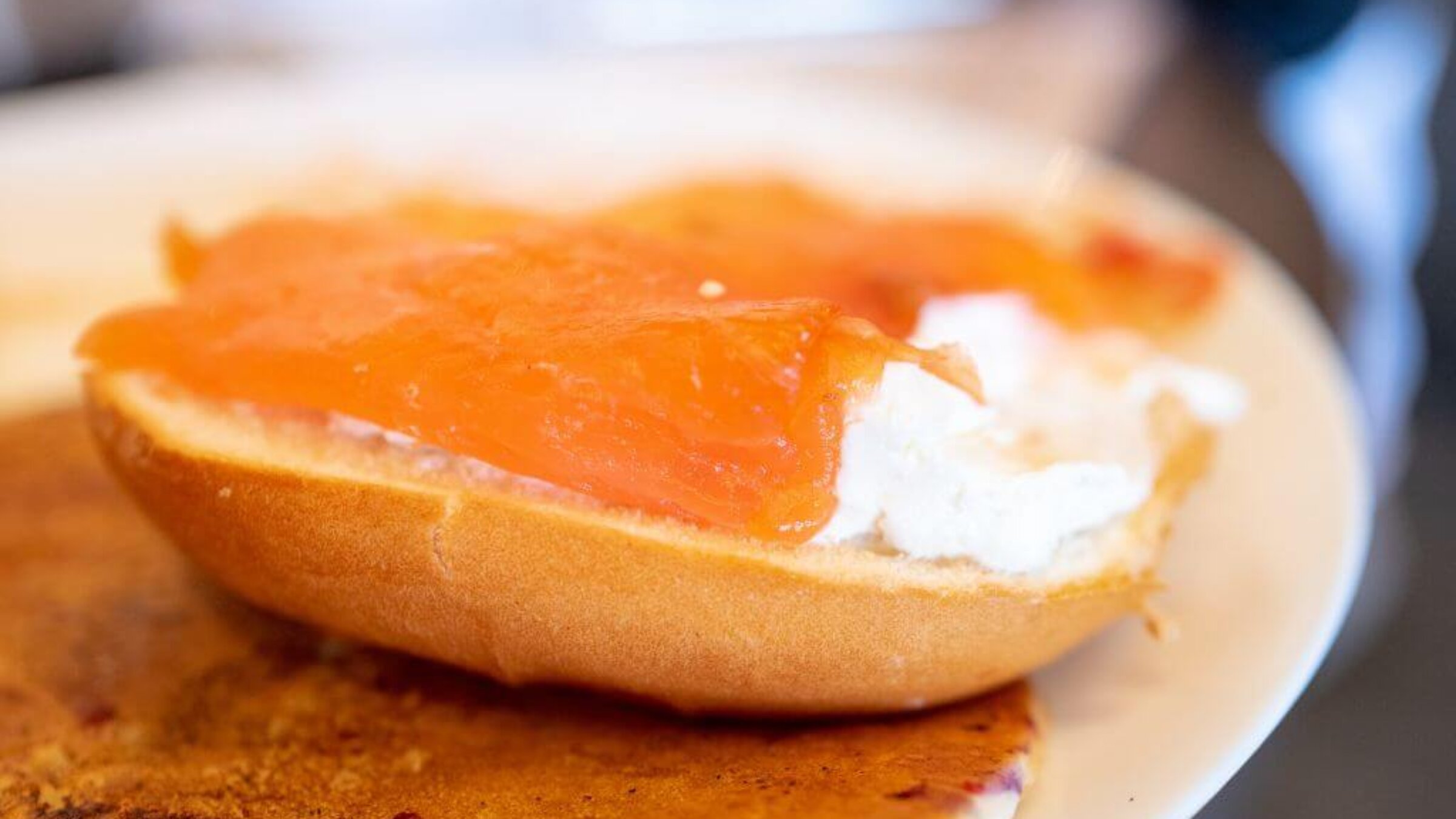 Close-up of a bagel and lox, a traditional component of an Ashkenazi Jewish Sabbath morning meal, San Ramon, California, November 17, 2019. 