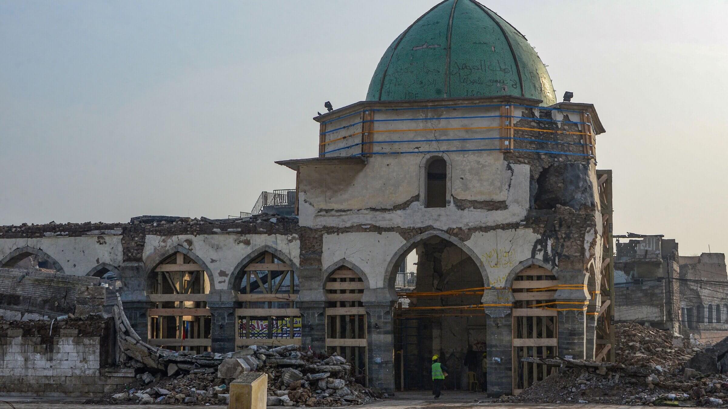 The Great Mosque of Al-Nuri during its reconstruction in Mosul's war-ravaged old town. 