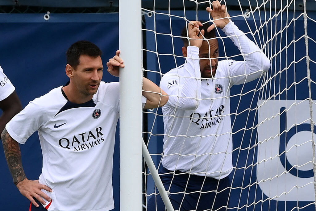 Lionel Messi. left, and Neymar attend a training session in Saint-Germain-en-Laye in 2022.