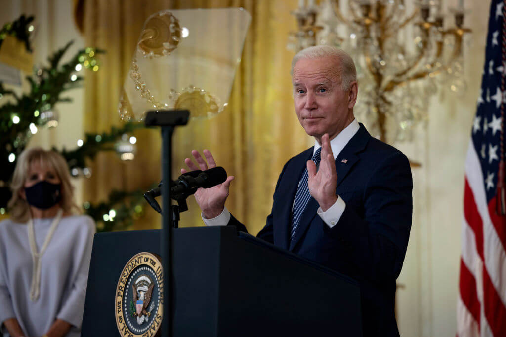 President Joe Biden delivers remarks before a menorah lighting ceremony on Dec. 1, 2021.
