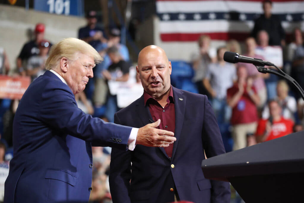 Pennsylvania Republican gubernatorial candidate Doug Mastriano is greeted by former President Donald Trump on Sept. 3, 2022.