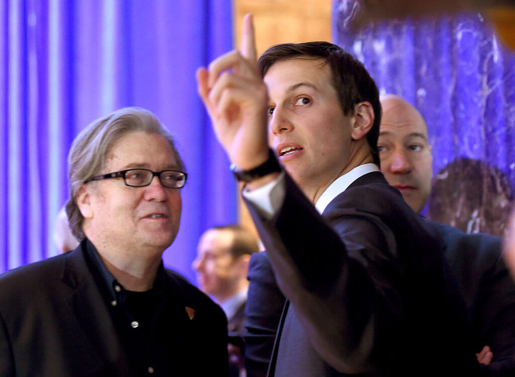 Steven Bannon and Jared Kushner on Jan. 11, 2017.