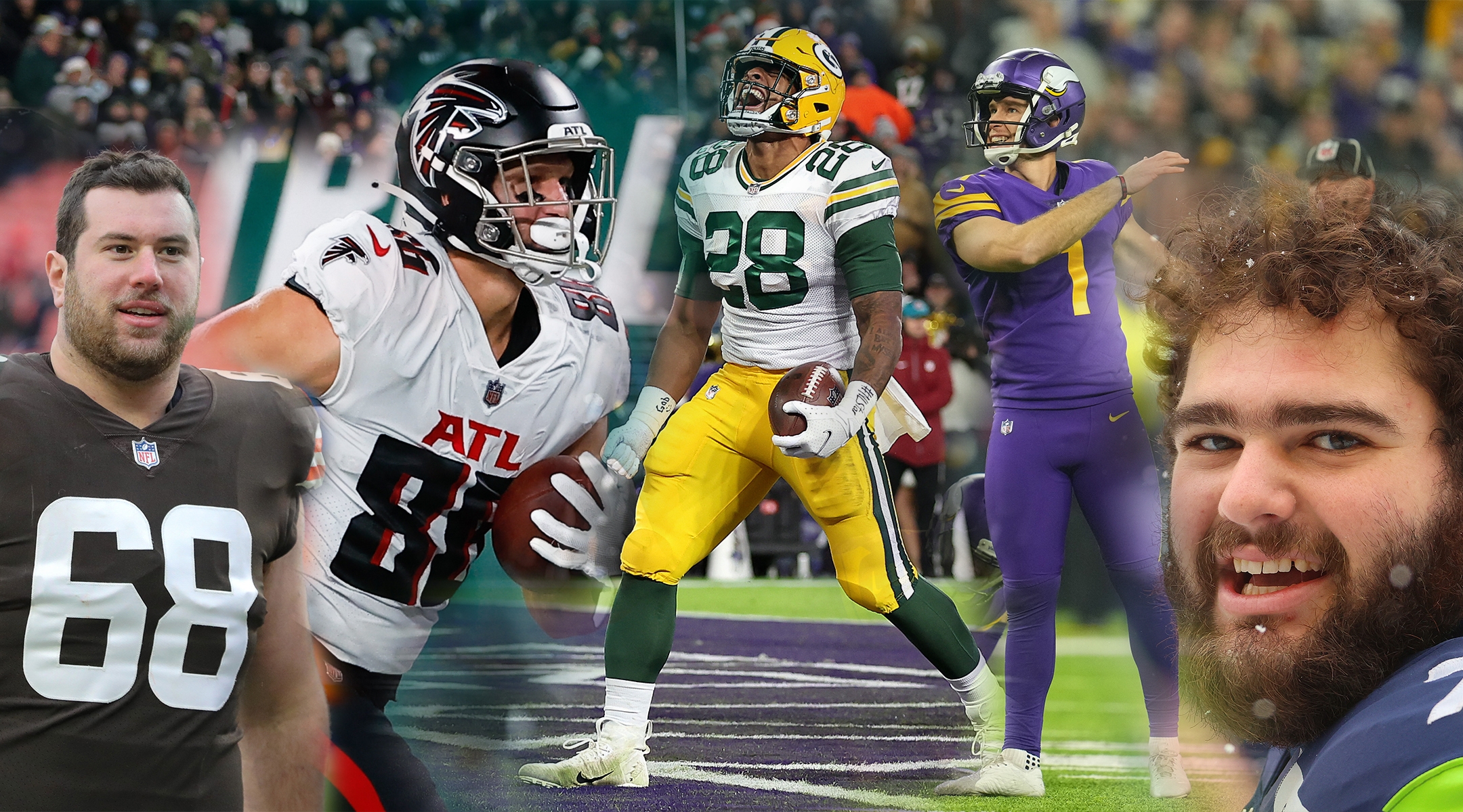 From left: Michael Dunn, Anthony Firsker, A.J. Dillon, Greg Joseph and Jake Curhan are five NFL players to watch this season. (Getty Images/Design by Grace Yagel)