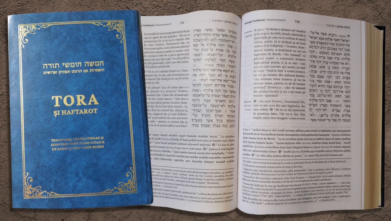 Sorin Rosen has both translated and transliterated the text of the Torah into Romanian. (Courtesy of Rabbi Sorin Rosen/Design by Mollie Suss)