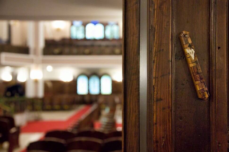 An empty synagogue sanctuary.