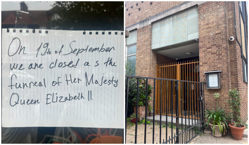 Left: A sign in a cafe in the Jewish neighborhood of Golders Green. Right: A closed synagogue in Chelsea.