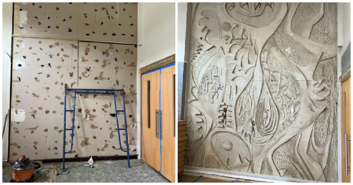 The sheetrock before it was removed, and the 14-foot tall sculpture underneath. (Brad Kolodny/Howard Tiegel)
