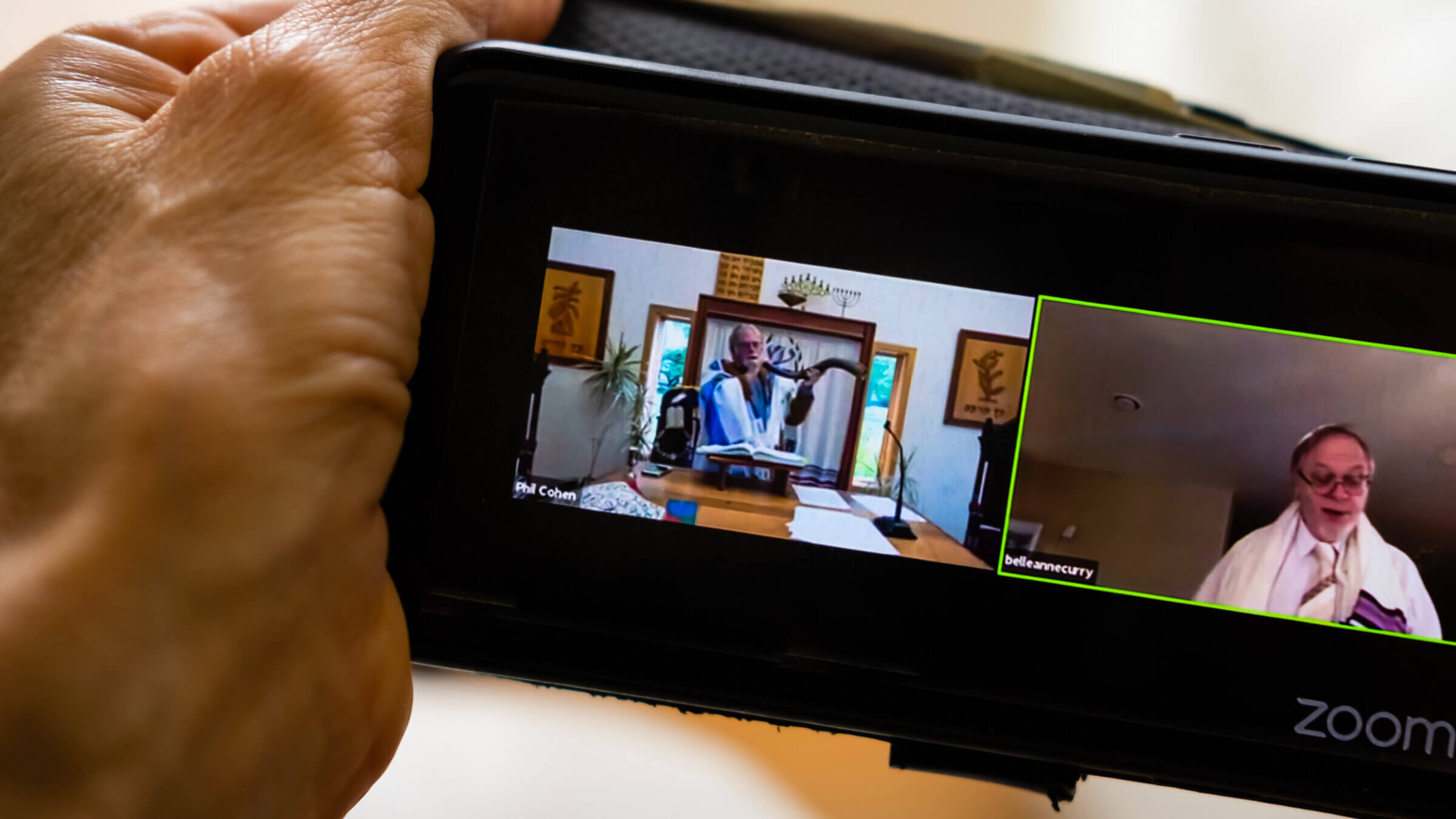 A woman streams a  Rosh Hashanah service on September 19, 2020 in Columbia, Missouri.