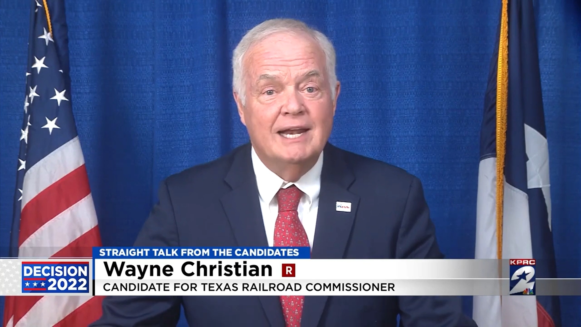 Wayne Christian, the Texas railroad commissioner, pitches the case for his reelection to viewers of Houston area KPRC, Oct. 26, 2022. (YouTube)