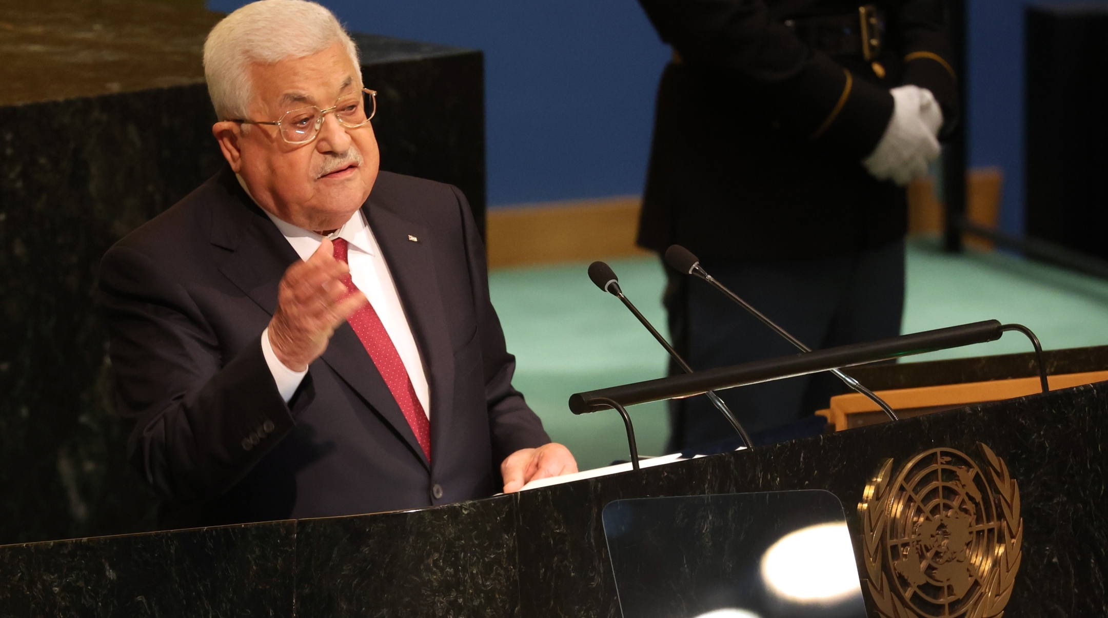 Palestinian president Mahmoud Abbas speaks at the 77th session of the United Nations General Assembly at U.N. headquarters in New York City, Sept. 23, 2022. (Spencer Platt/Getty Images)