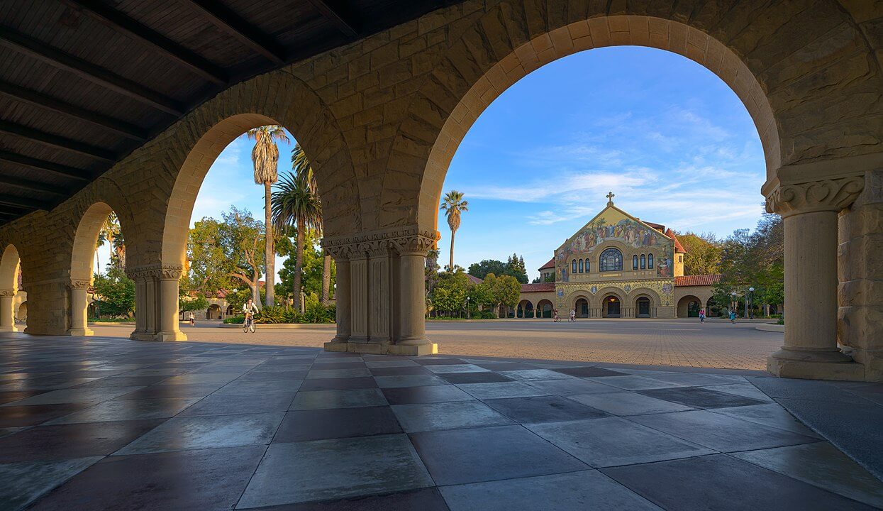 Stanford University quad with Memorial Church in the background.