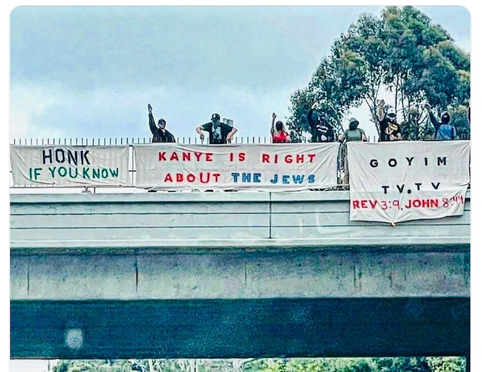 Pictures of the Goyim Defense League banners supporting Kanye West’s comments about Jews went viral after they were captured in Los Angeles, Oct. 22, 2022. 