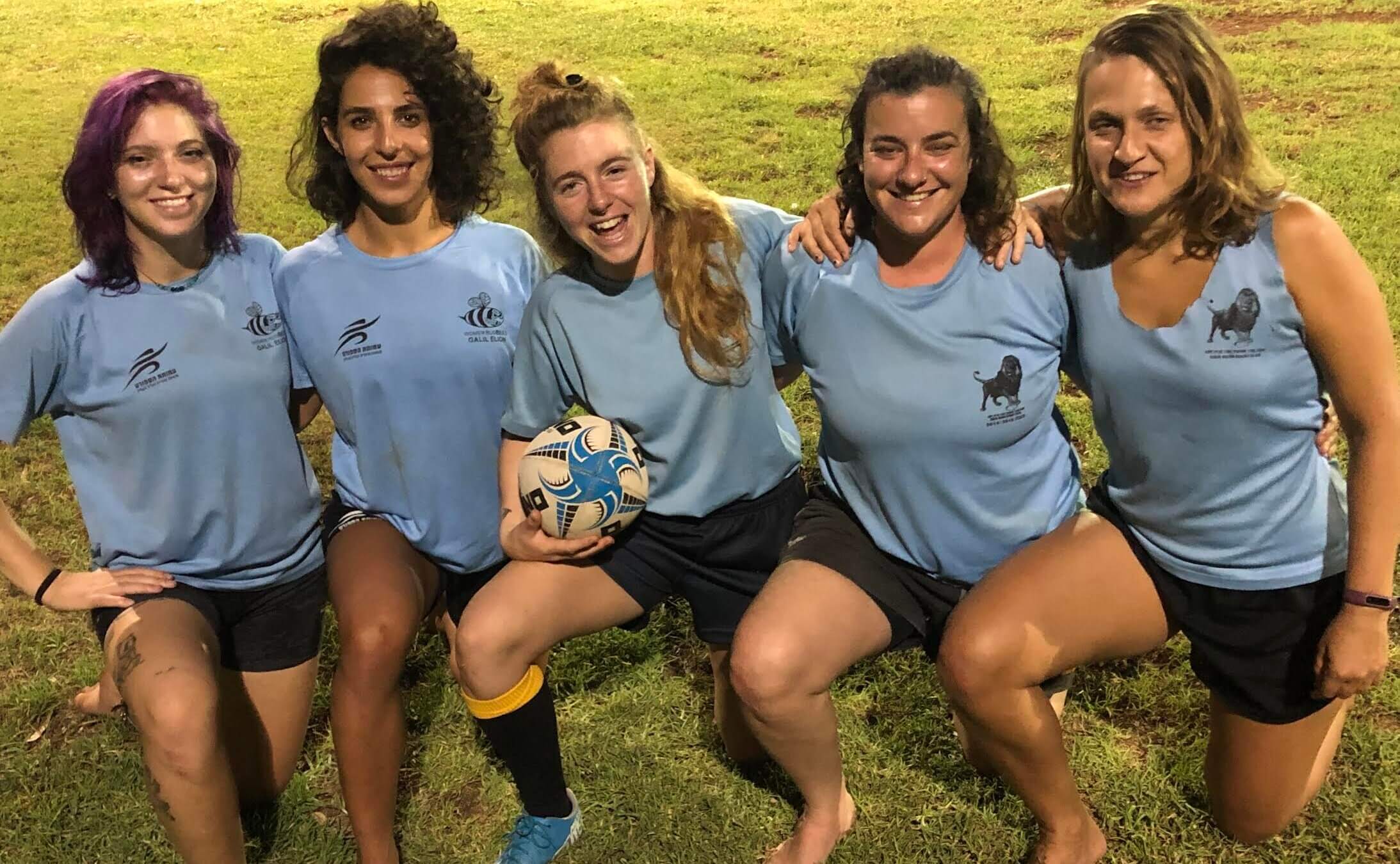 Kamar Halabi, second from left, with Galil Elyon  teammates, after practice at Kibbutz Dan, Sept. 7, 2022. 