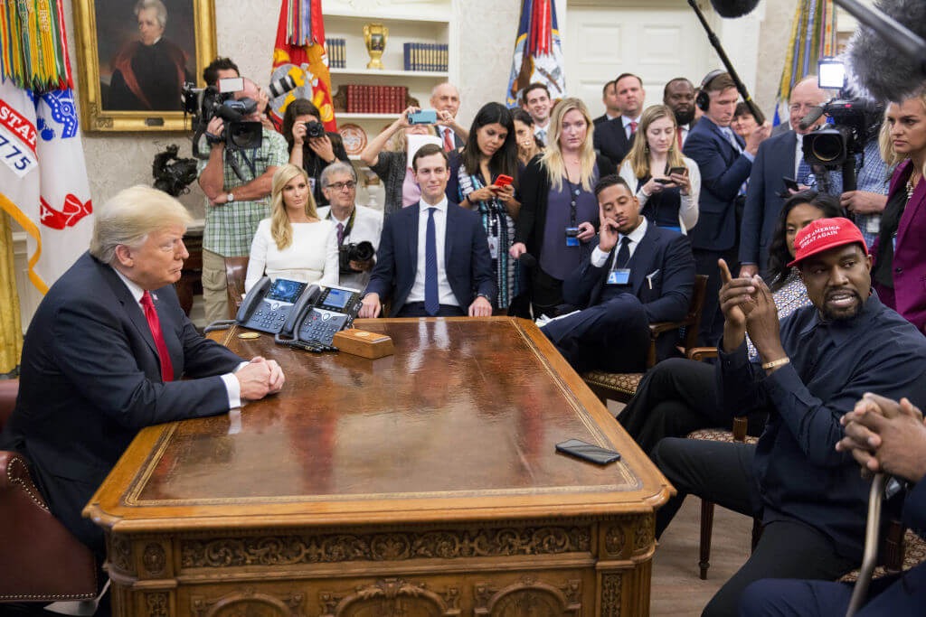Kanye West, right, in the Oval Office with President Donald Trump, left, and Jared Kushner, center, in 2018. (Getty)