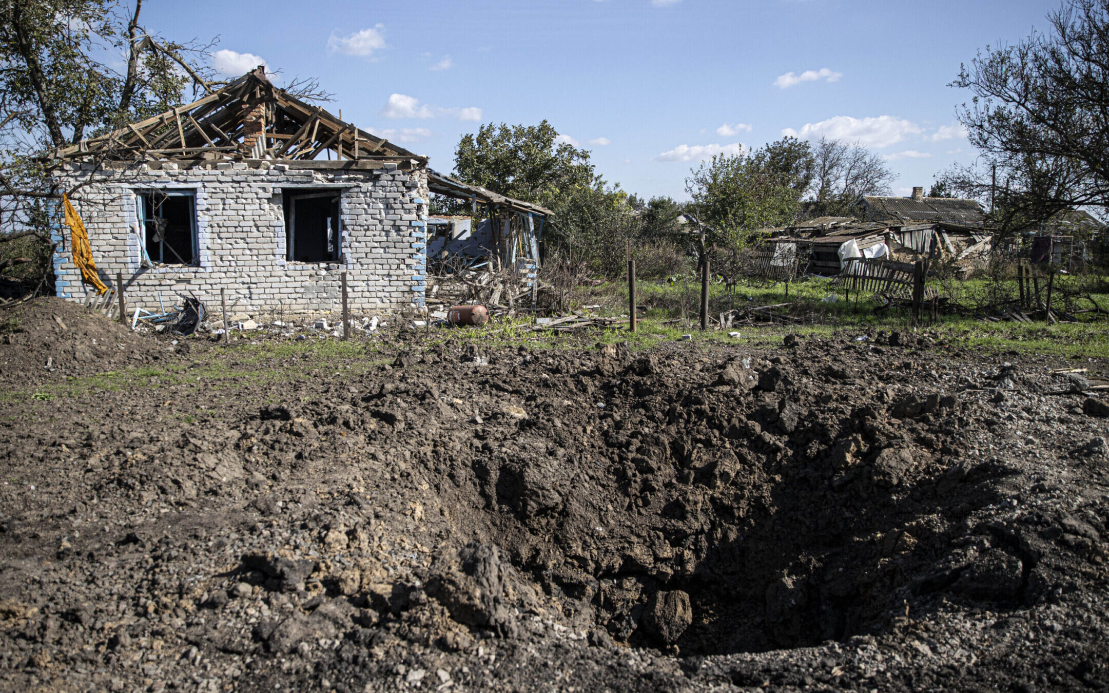 A view of a damaged village located in the border of the Kherson region where Ukraine and Russia have traded control amid heavy clashes, Oct. 7, 2022.(Metin Aktas/Anadolu Agency via Getty Images)