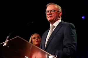 Australia’s prime minister, Anthony Albanese, delivers his victory speech during the Labor Party election night event in Sydney, May 21, 2022 in Sydney, Australia