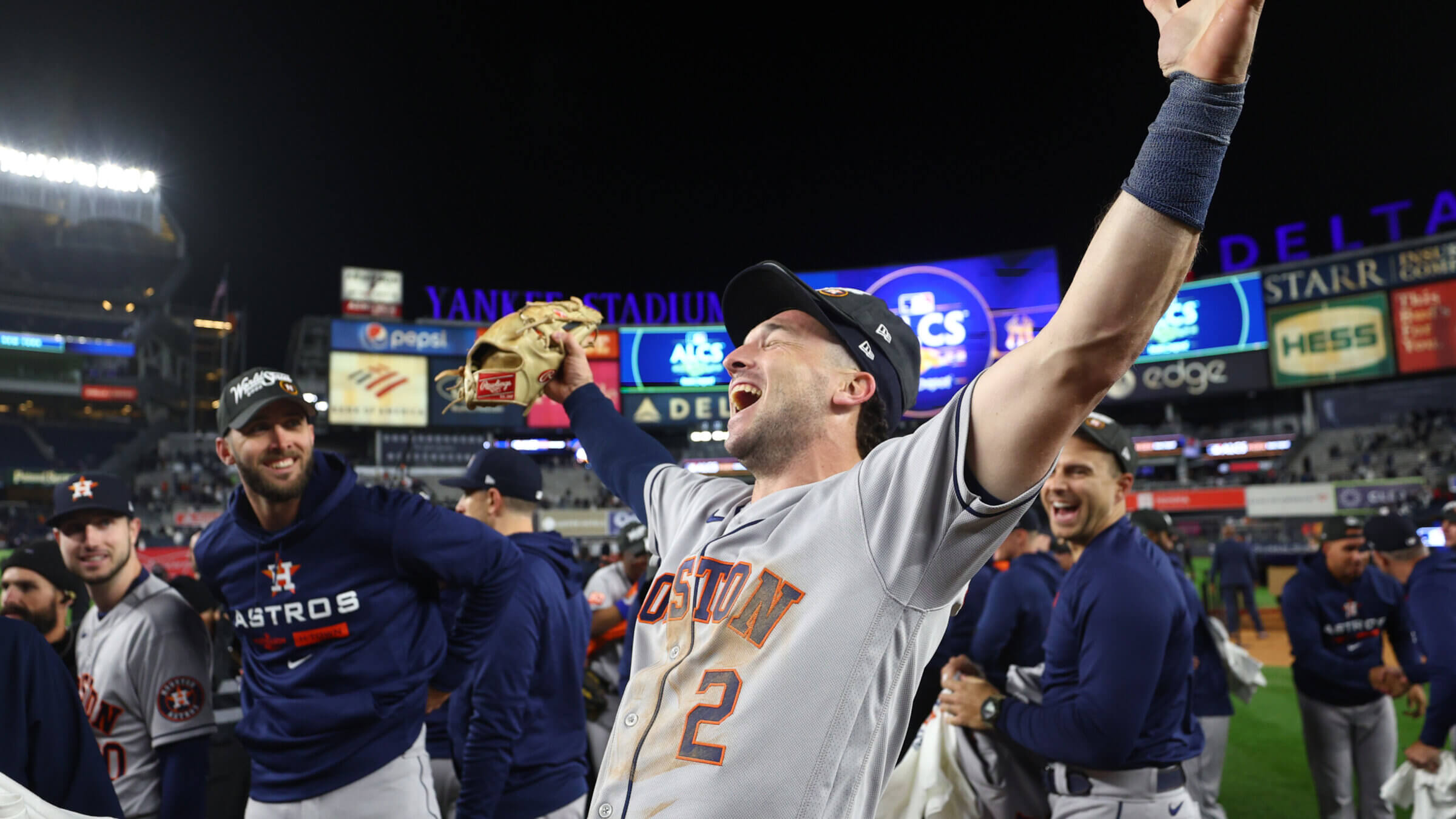 Alex Bregman of the Houston Astros celebrates after defeating the New York Yankees in game four of the American League Championship Series to advance to the World Series at Yankee Stadium on October 23, 2022