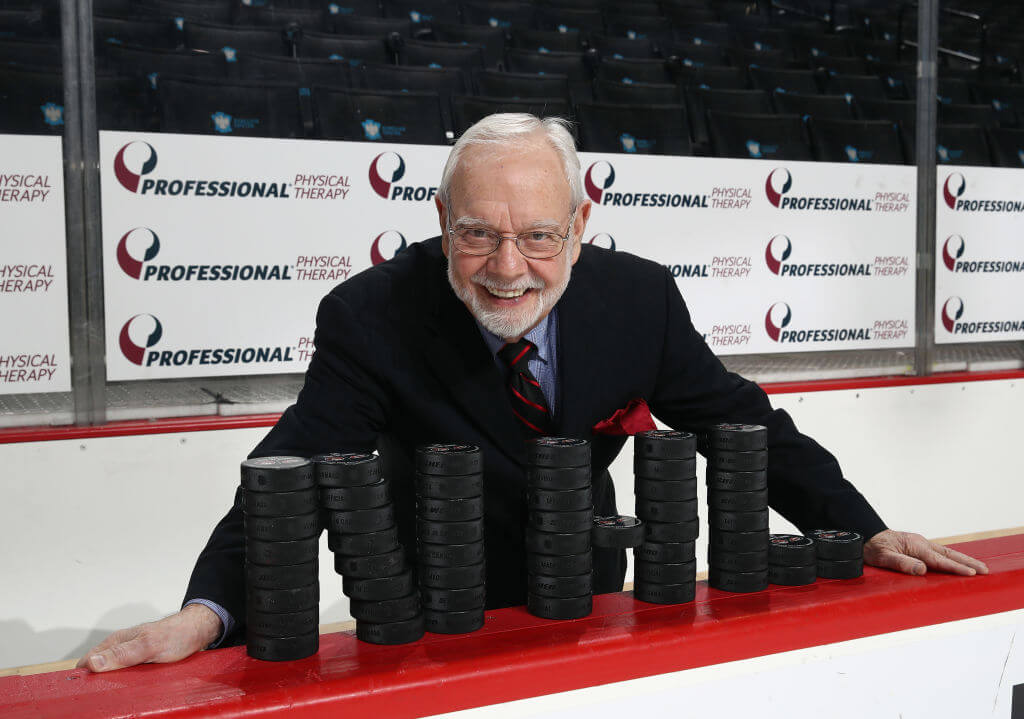 Hockey writer, broadcaster and historian Stan Fischler at the Barclays Center on March 18, 2018, in Brooklyn